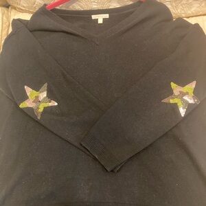 Lisa Todd Black V-Neck Sweater with Star Details on elbows. Size large